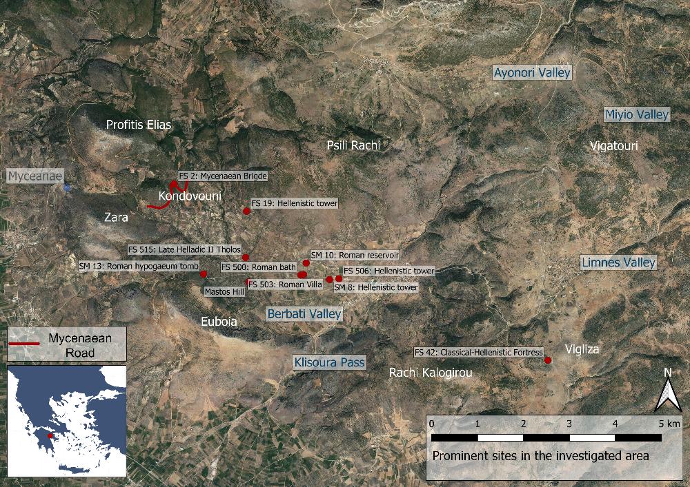 Fig. 1: Map over prominent sites in the Berbati, Limnes and Miyio valleys (Basemap: Google maps satellite image).