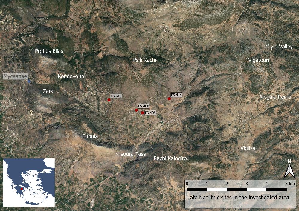 Fig. 6: Late Neolithic sites in the Berbati, Limnes and Miyio valleys (Basemap: Google maps satellite image).