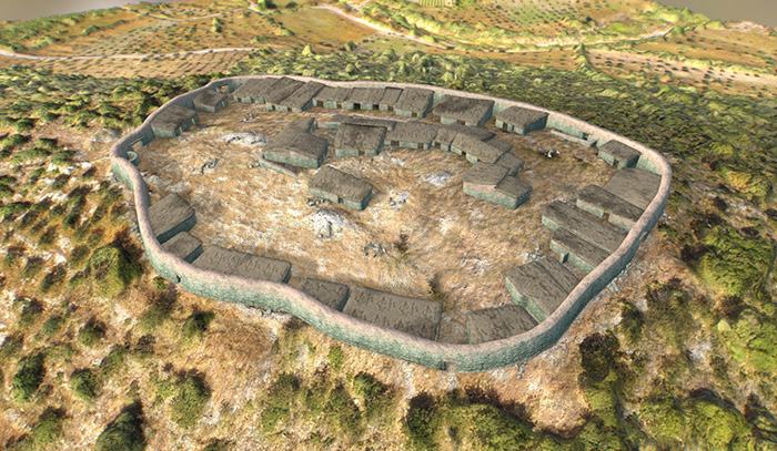 Fig. 5: 3D-reconstruction of the settlement shortly after the construction of the fortification wall, including several domestic structures, a central (administrative?) building, a possible burial monument and terraces.
