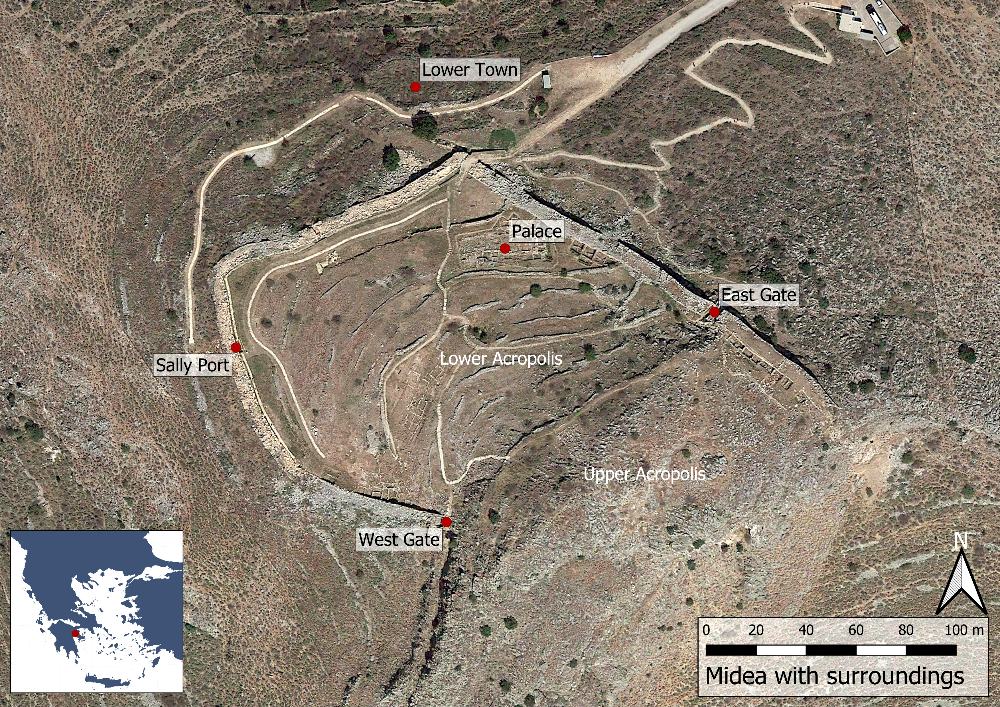 Εικ. 1: Χάρτης του αρχαιολογικού χώρου της Μιδέας (Βασικός χάρτης: δορυφορική εικόνα του Google maps).