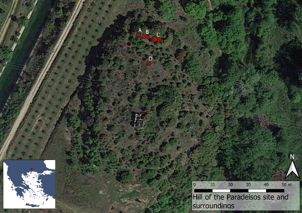 Fig. 1: Karta över utgrävningsområdet Paradeisos (Basemap: Google maps satellitbild).