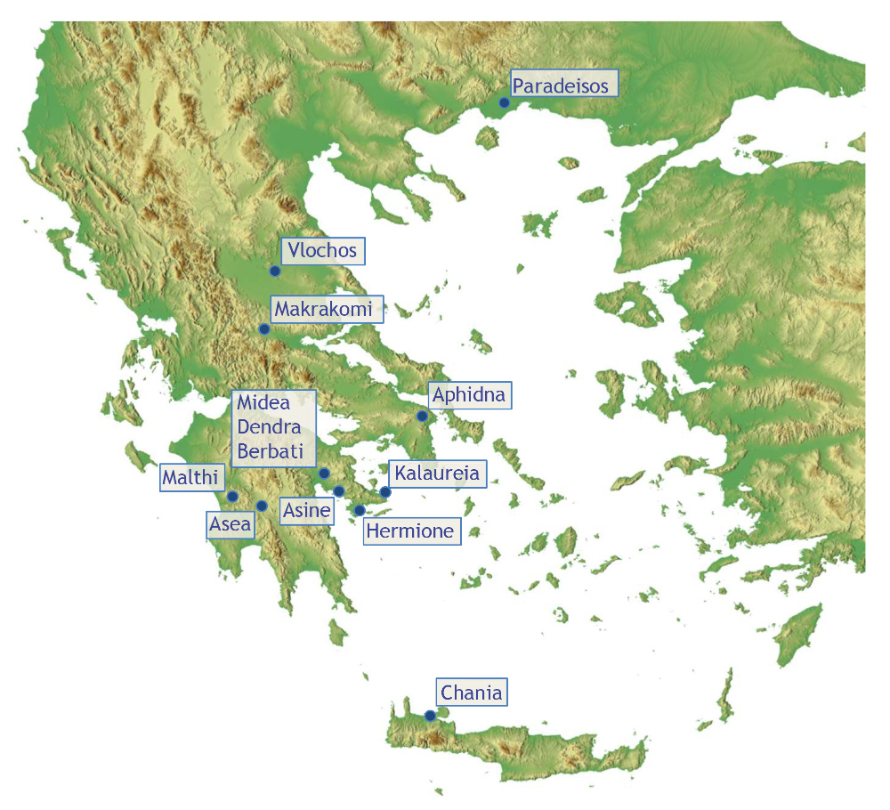 Χάρτης με τις τοποθεσίες των ερευνητικών προγραμμάτων του Σουηδικού Ινστιτούτου Αθηνών.