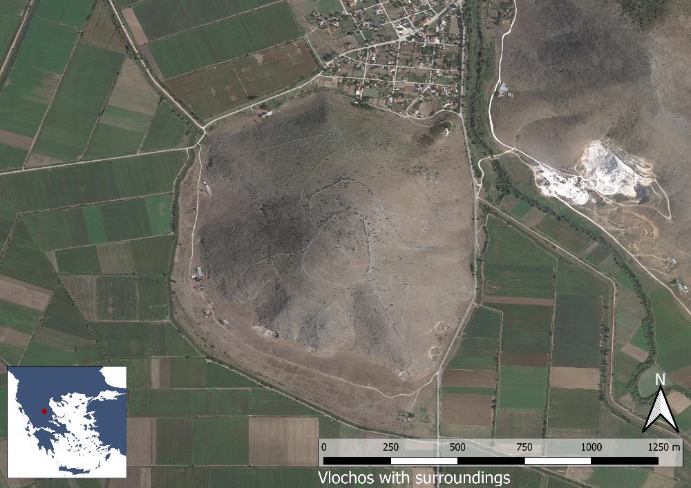 Fig. 1: Karta över utgrävningsområdet i Vlachos (Basemap: Google maps satellitbild).