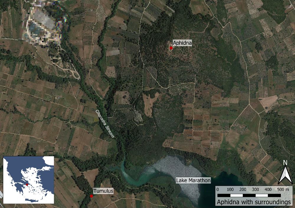 <p>Fig. 1: Karta över Aphidna (Basemap: Google maps satellitbild).</p>