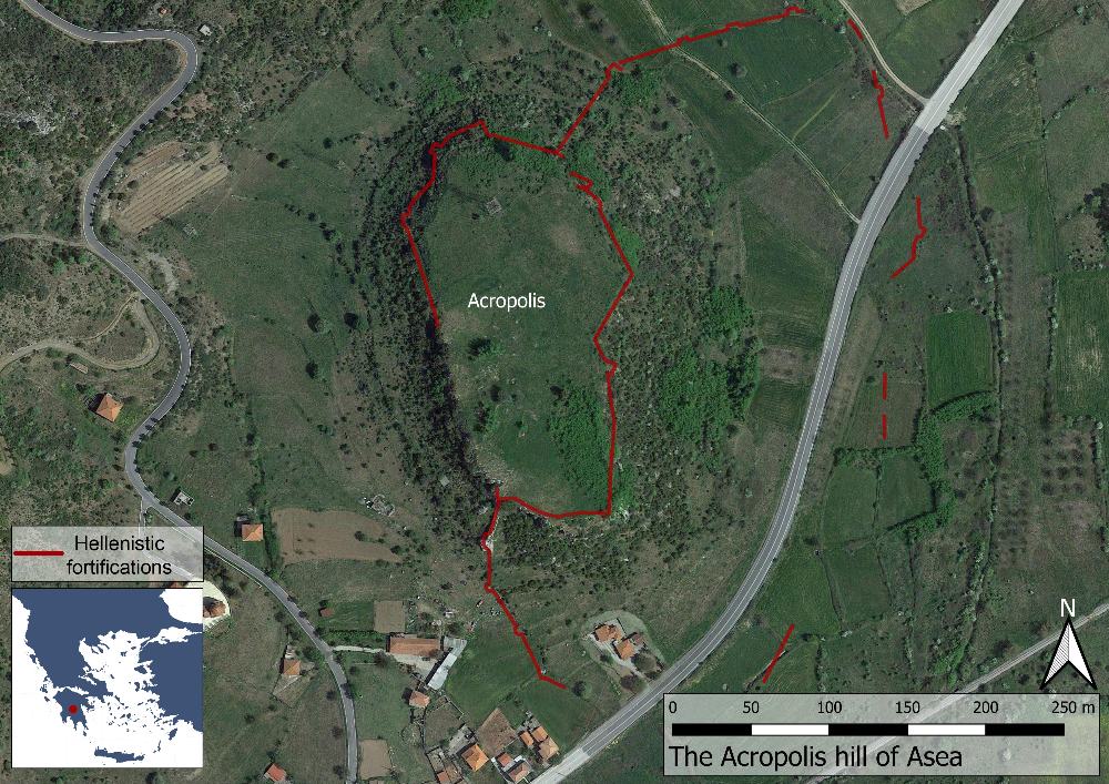 Fig. 1: Map showing the site of Asea and with the line of the Late Classical and Hellenistic fortifications marked in red (Basemap: Google maps satellite image).