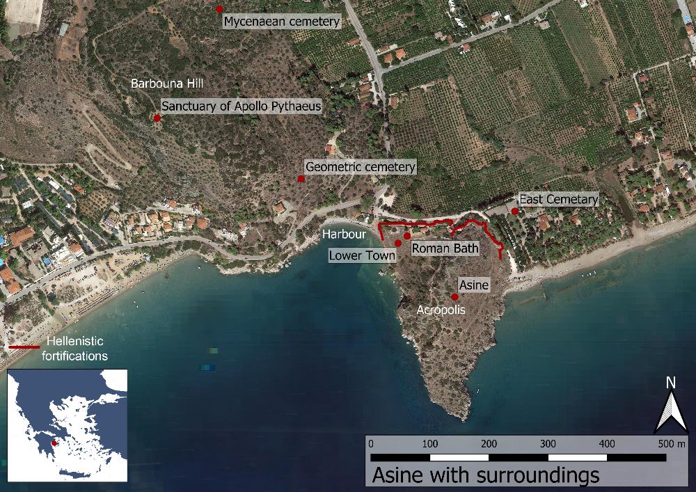 <p>Fig. 1: Map over the site of Asine and its surroundings (Basemap: Google maps satellite image).</p>