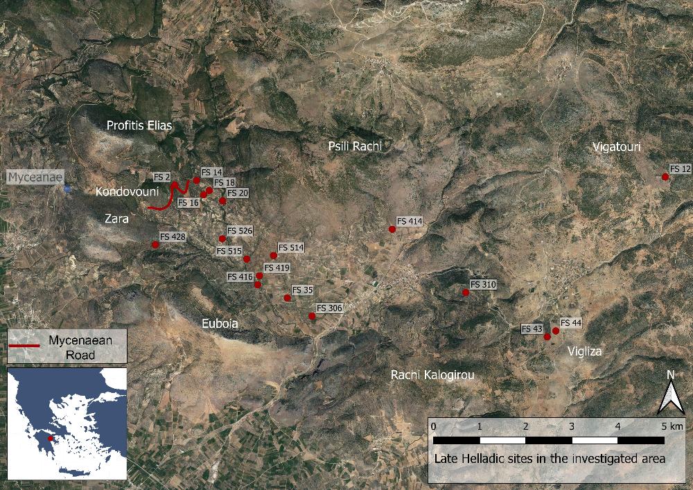 Fig. 10: Senhelladiska platser i Berbati-, Limnes och Miyiodalen (Basemap: Google maps satellitbild).