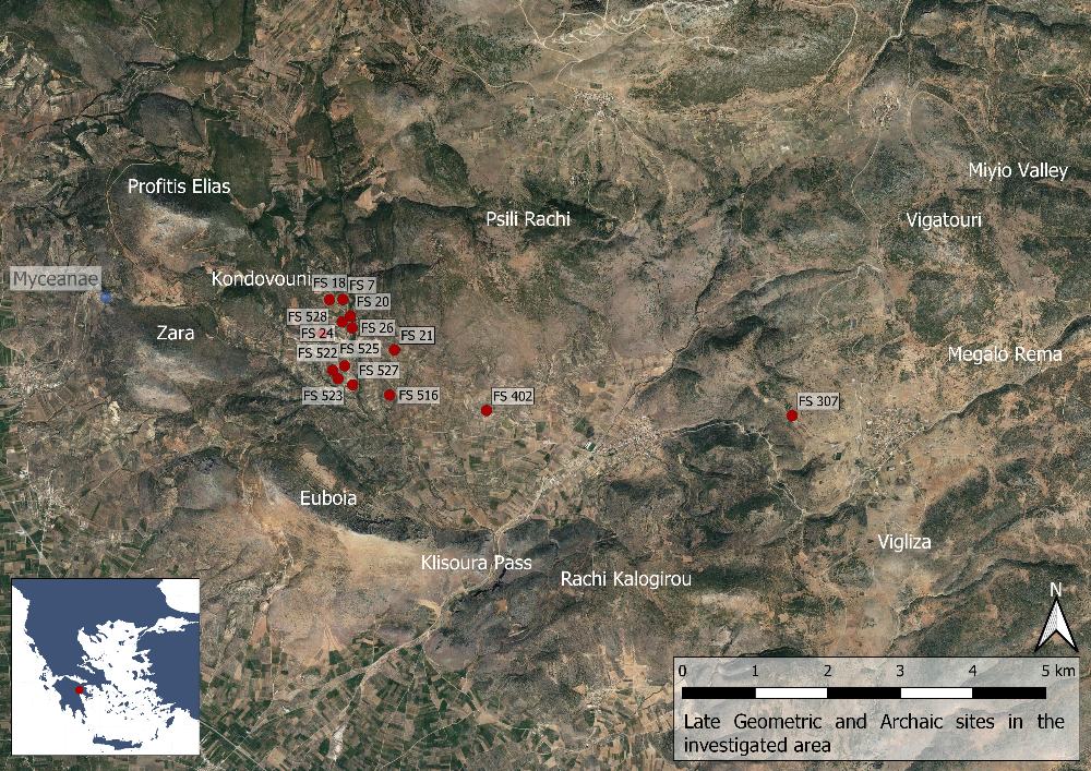 Fig. 13: Late Geometric and Archaic sites in the Berbati, Limnes and Miyio valleys (Basemap: Google maps satellite image).