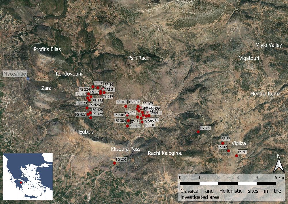 Fig. 14: Classical and Hellenistic sites in the Berbati, Limnes and Miyio valleys (Basemap: Google maps satellite image).