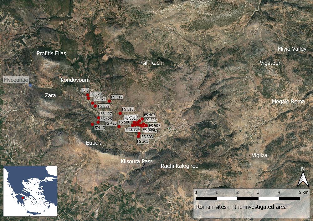 Fig. 16: Romerska platser i Berbati-, Limnes- och Miyiodalen (Basemap: Google maps satellitbild).