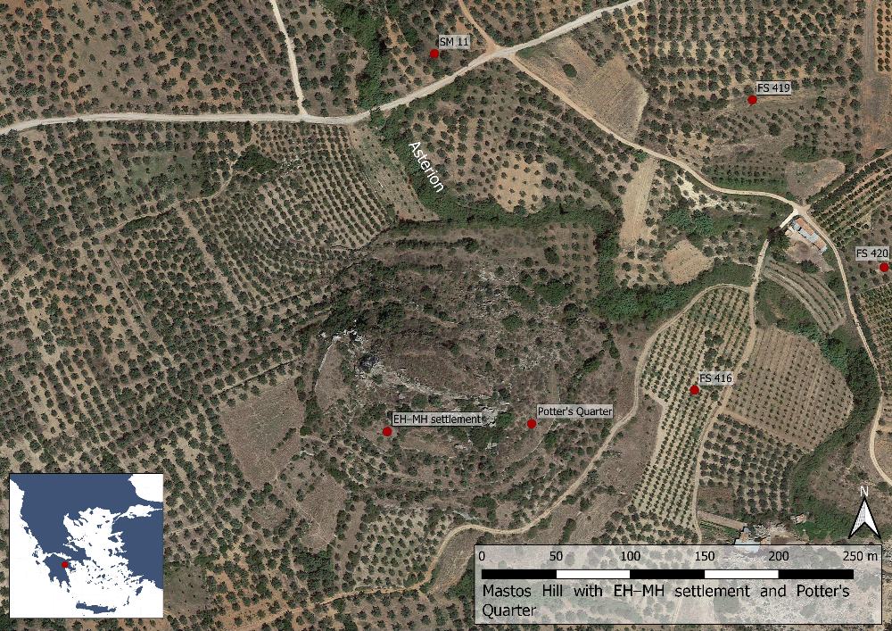 Εικ. 2: Οι οικισμοί στο λόφο του Μαστού (Βασικός χάρτης: δορυφορική εικόνα του Google Maps).