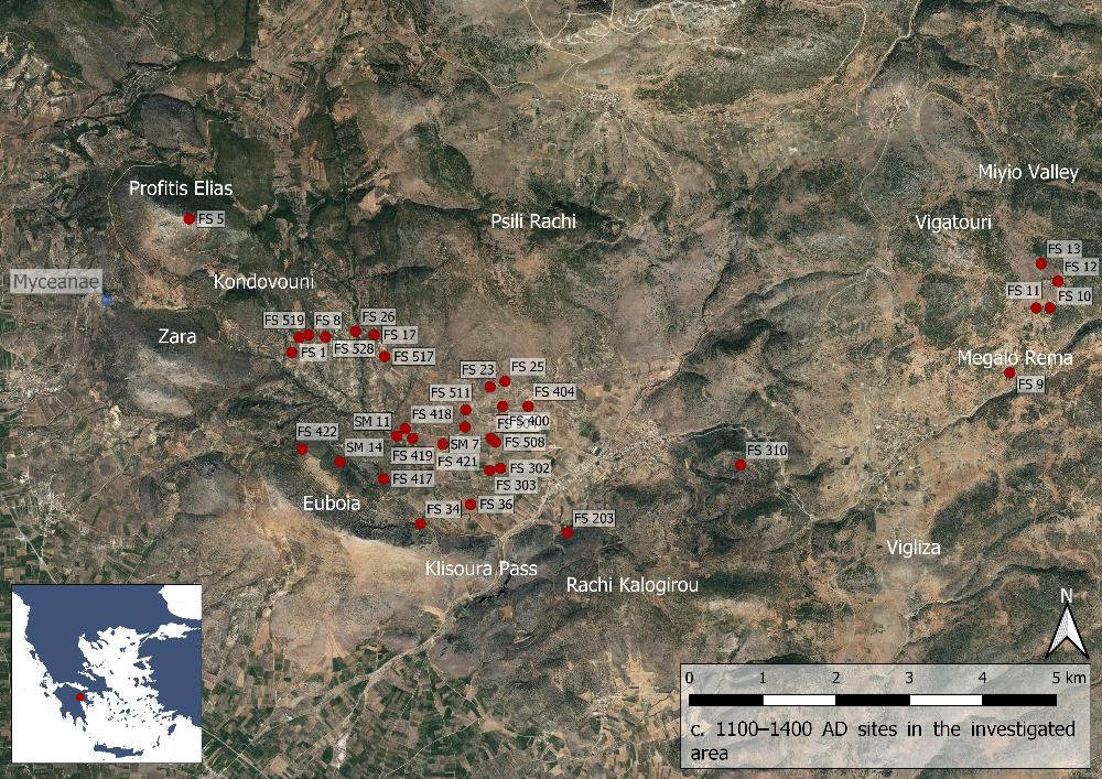Fig. 20: Platser från år 1100–1400 e.Kr. i Berbati-, Limnes- och Miyio-dalen (Basemap: Google maps satellitbild).