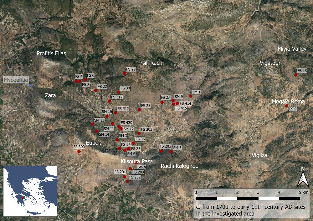 Fig. 22: Platser från och med omkring 1700 till och med det tidiga 1800-talet e.Kr. i Berbati-, Limnes och Miyio-dalen (Basemap: Google maps satellitbild).