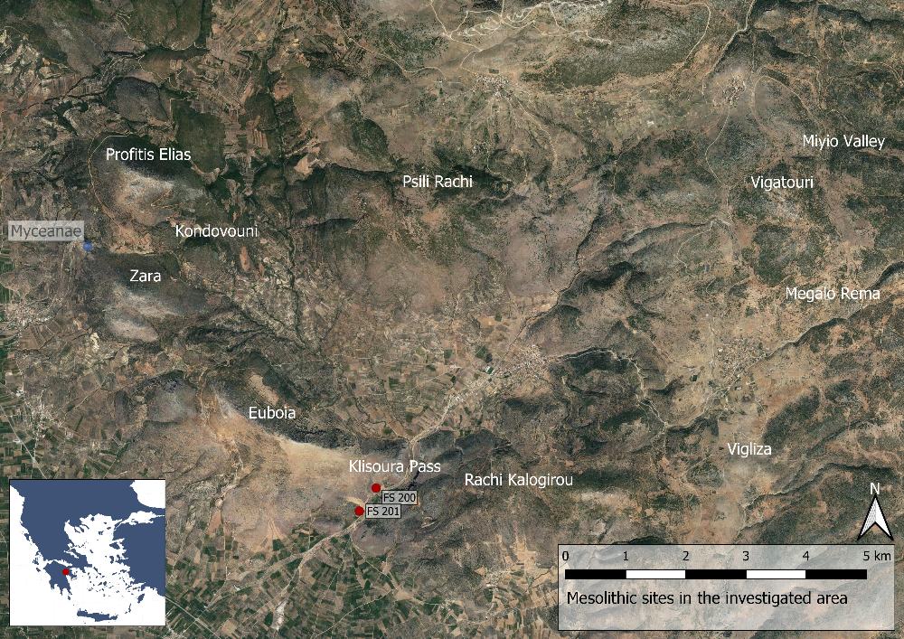 Fig. 4: Mesolitiska fyndplatser i i Berbati-, Limnes- och Miyiodalen (Basemap: Google maps satellitbild).