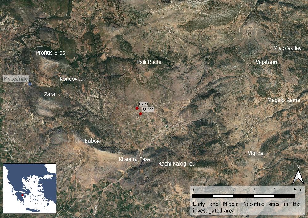 Εικ. 5: Αρχαιότερες και Μέσες Νεολιθικές τοποθεσίες στις κοιλάδες του Μπερμπατίου, των Λιμνών και του Μίγιου (Βασικός χάρτης: δορυφορική εικόνα του Google Maps).