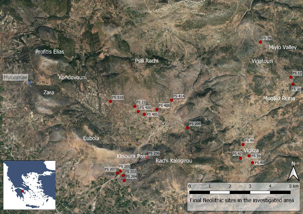Fig.7: Fyndplatser från slutet av neolitikum i Berbati-, Limnes- och Miyiodalen (Basemap: Google maps satellitbild).