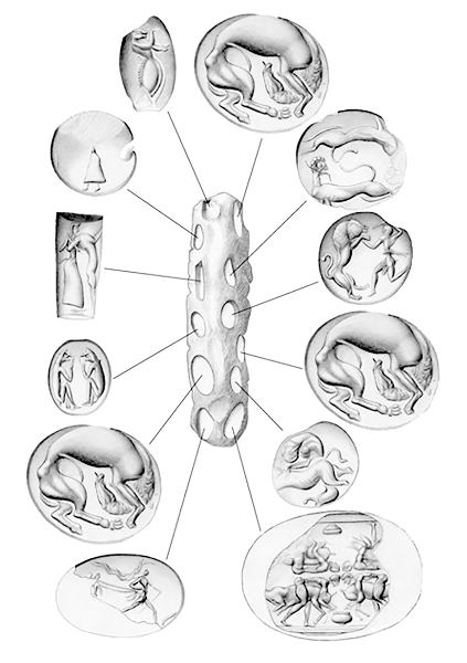 Fig. 5: Lerbit med tolv sigillintryck, av vilka tio är olika. Från förstörelsen under LM IB (1480–1425 f.Kr.), Hus I, Rum D.
