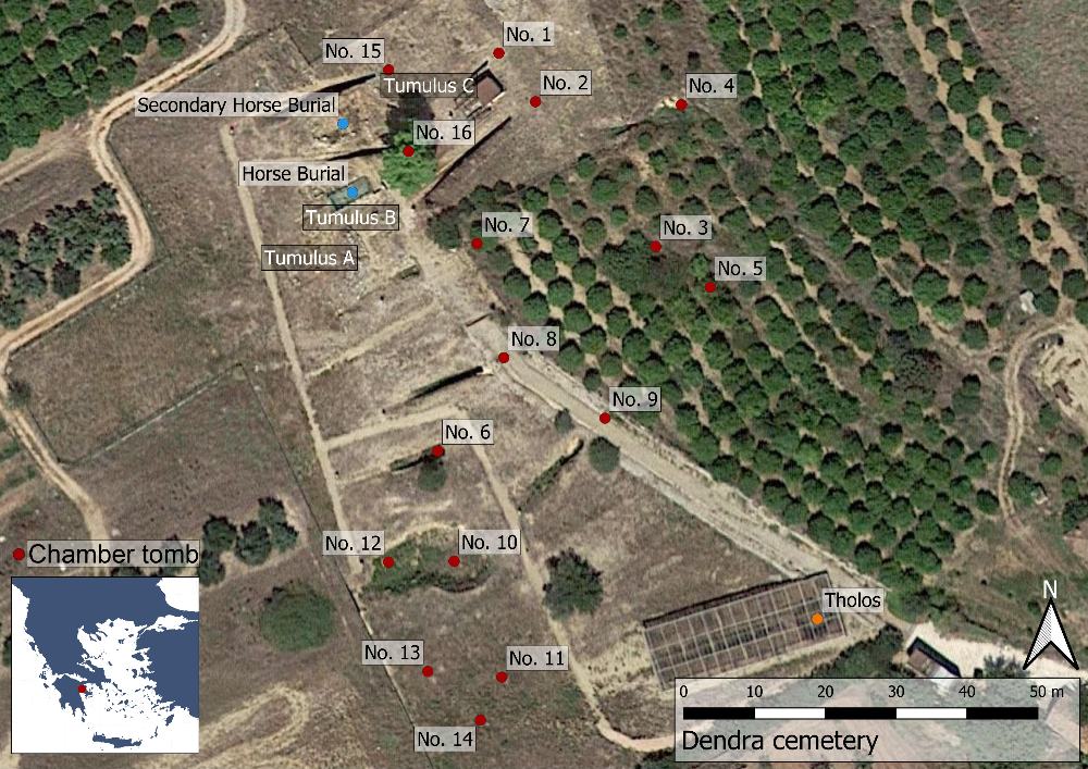 <p>Fig. 1: Karta över utgrävningarna i Dendra (Basemap: Google maps satellitbild).</p>