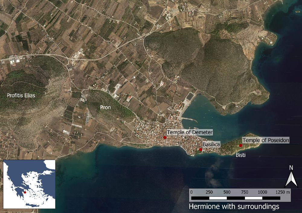 <p>Εικ. 1: Χάρτης της Ερμιόνης (Βασικός χάρτης: δορυφορική εικόνα του Google Maps).</p>