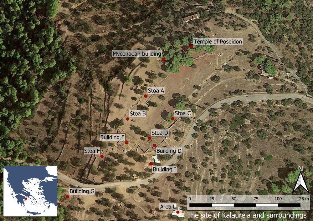 <p>Fig. 1: Karta över utgrävningen i Kalaureia (Basemap: Google kartor satellitbild).</p>