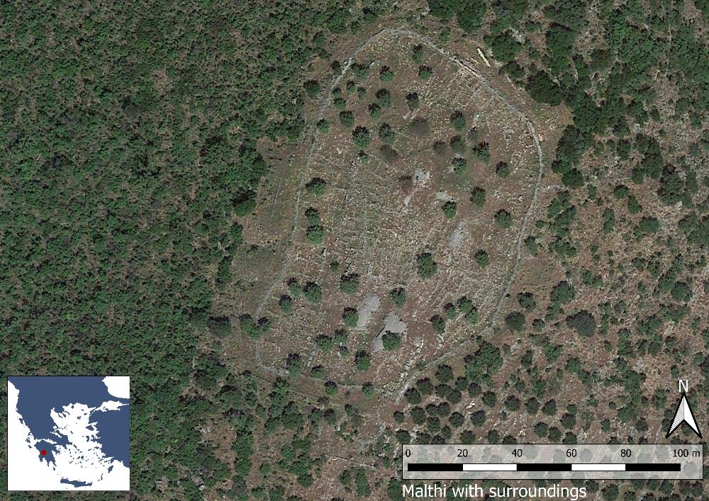 <p>Fig. 1: Karta över den befästa bosättningen i Malthi (Basemap: Google maps satellitbild).</p>
